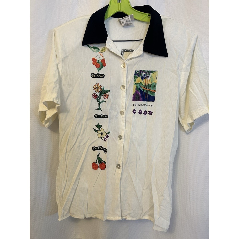 VTG 90s Cherry Floral Blouse Womens 14 Grandmacore Button Up Cottagecore Y2K